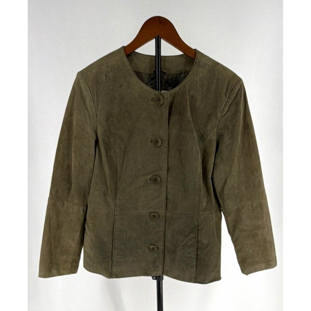 Coldwater Creek Women's Moss Olive Green Suede Jacket Button Front Lined PL